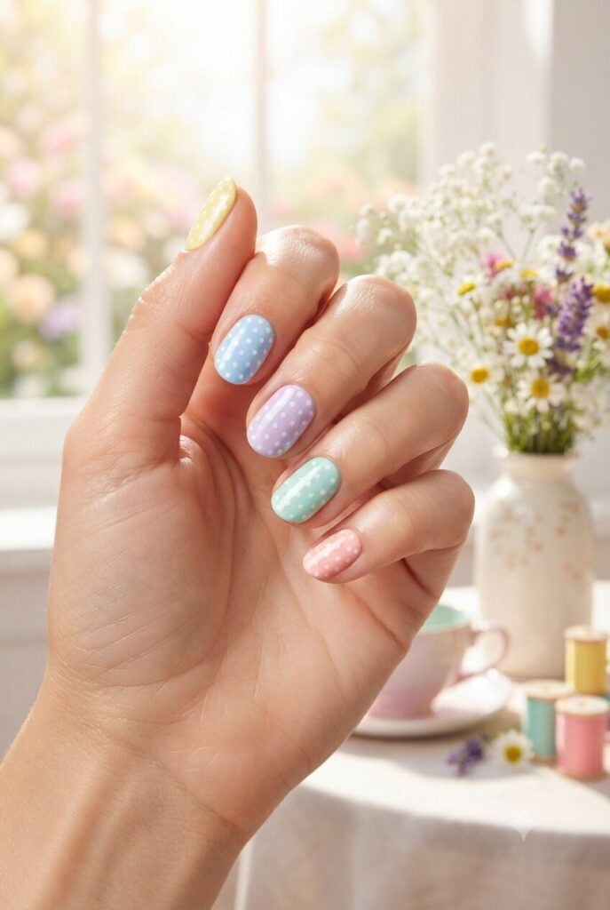 Short oval mismatch nails with pastel shades and tiny white polka dots