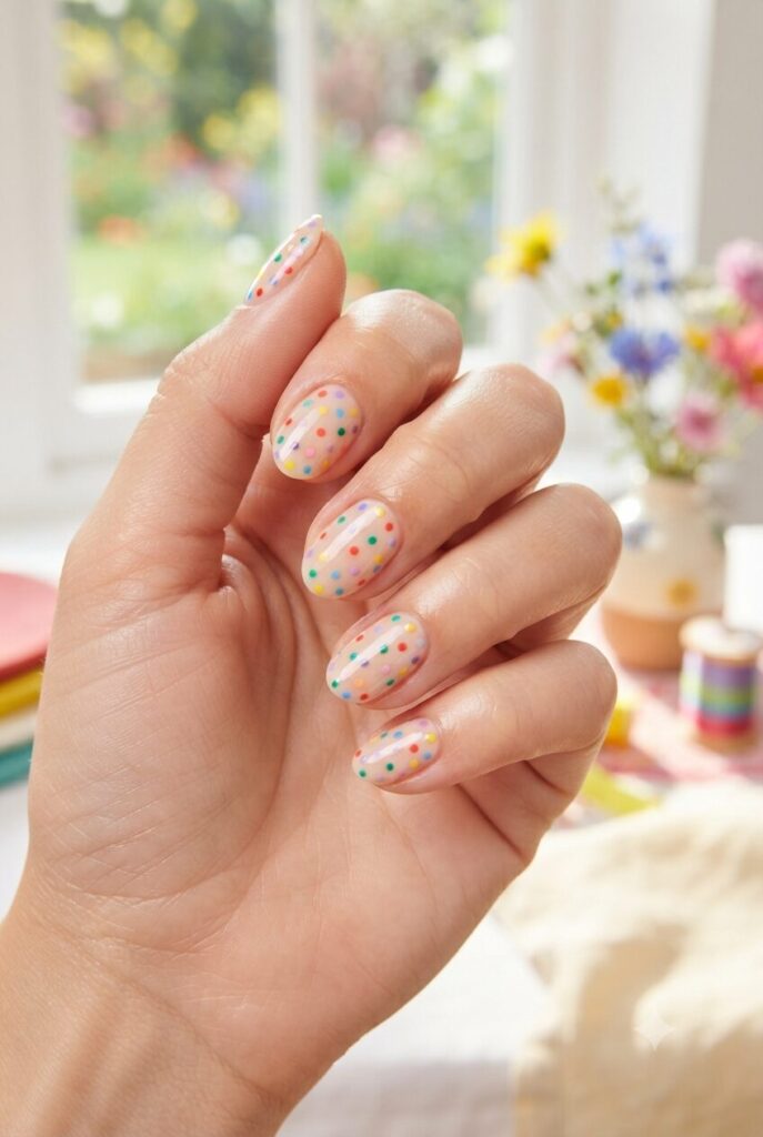 Short almond nails with nude base and tiny multicolor polka dots