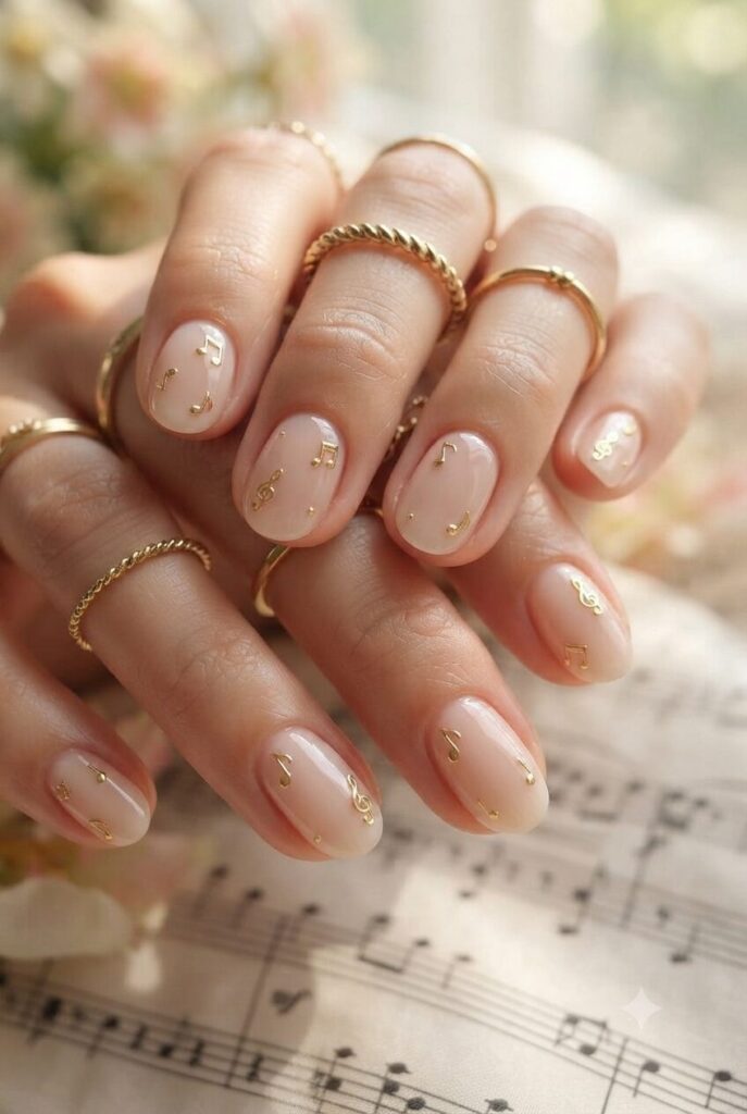 Short oval nails with nude base and tiny gold music note accents