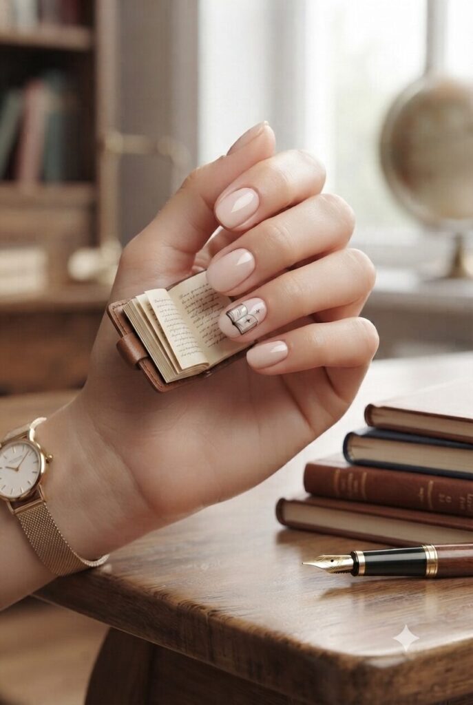 Short almond nails with nude base and tiny notebook accent