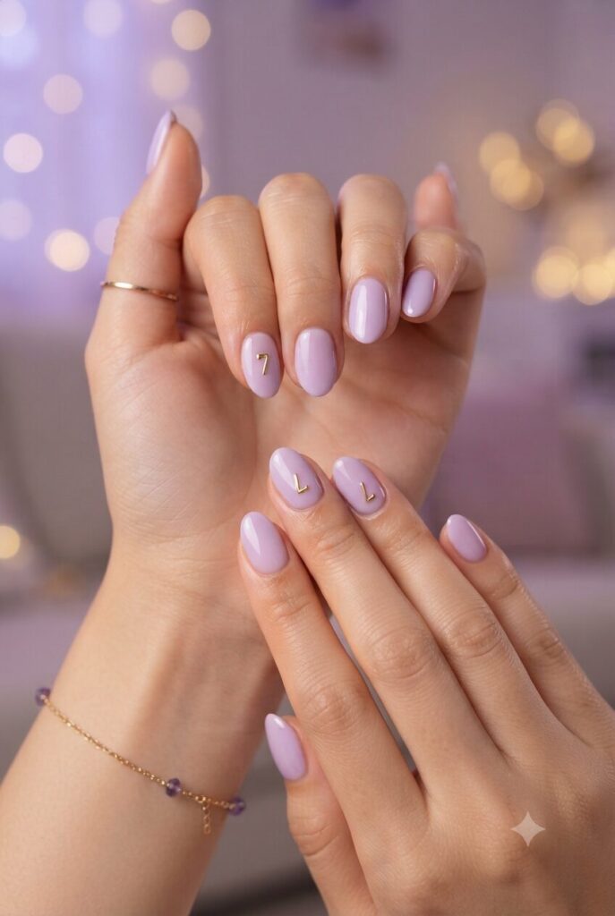 Short almond nails with purple base and tiny gold number 7 accents