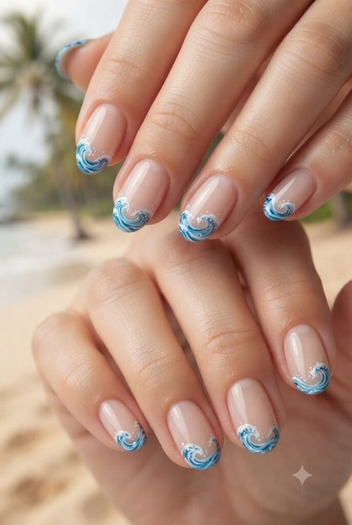 Short almond nails with nude base and blue ocean wave French tips