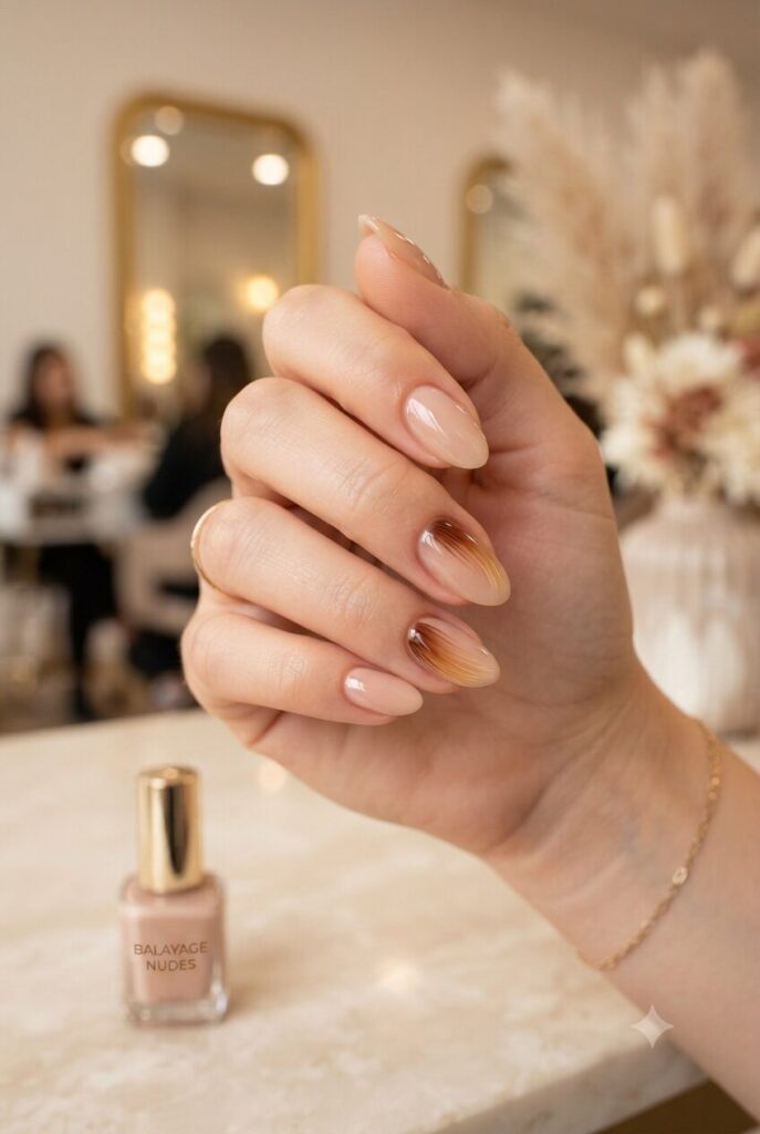 Short almond nails with tiny brown to blonde ombre hair strand accents