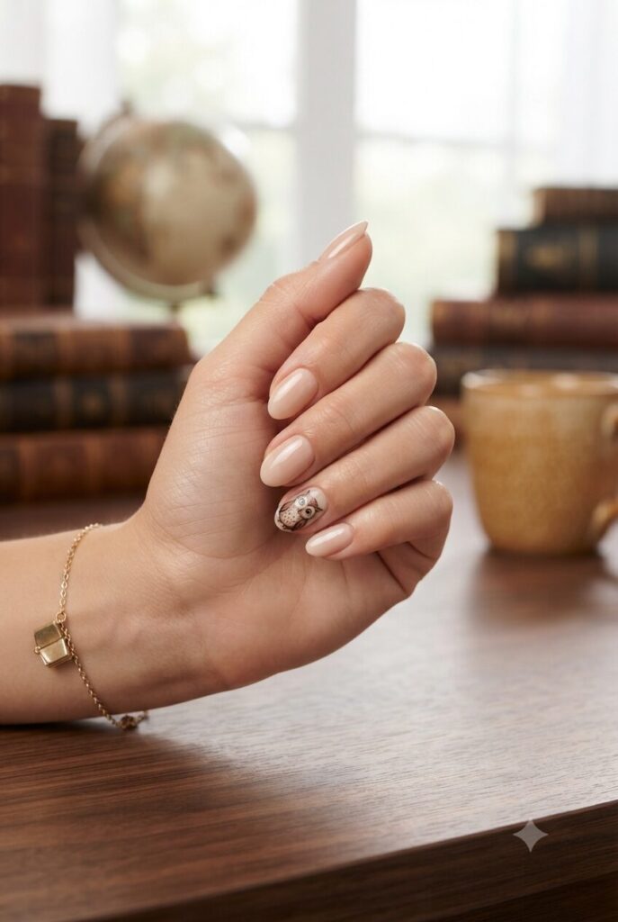 Short almond nails with nude base and tiny brown owl accent