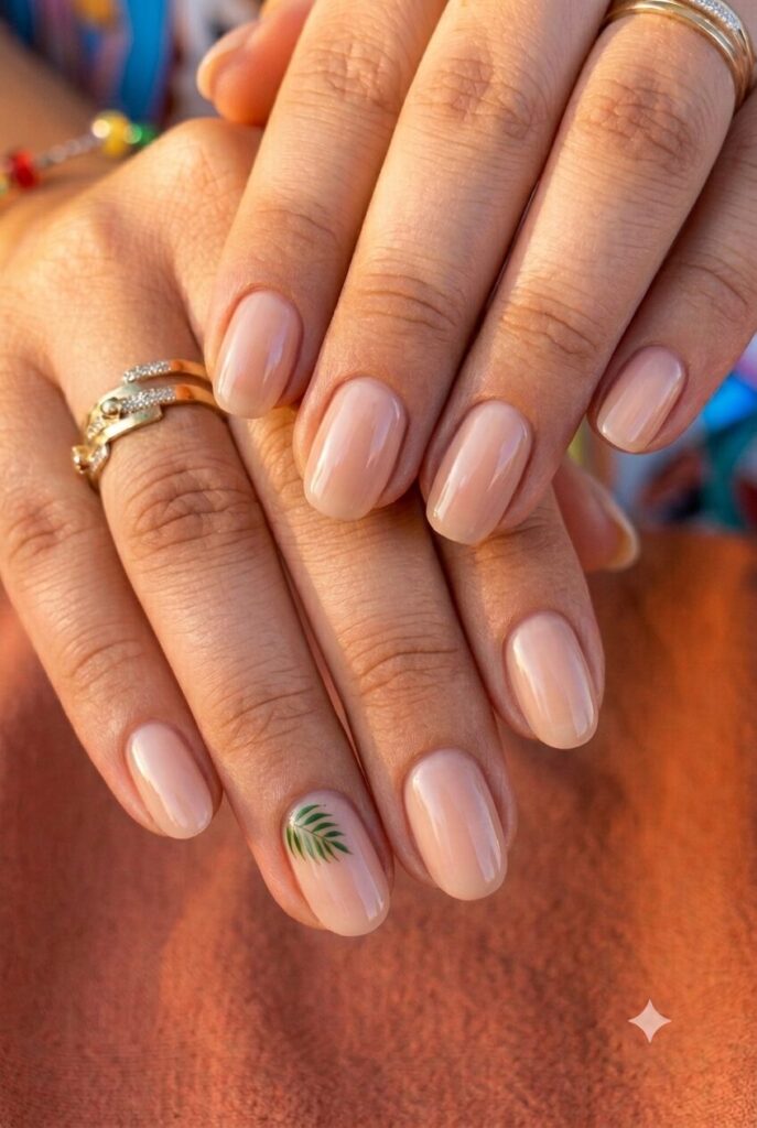 Short almond nails with nude base and tiny green palm leaf accent