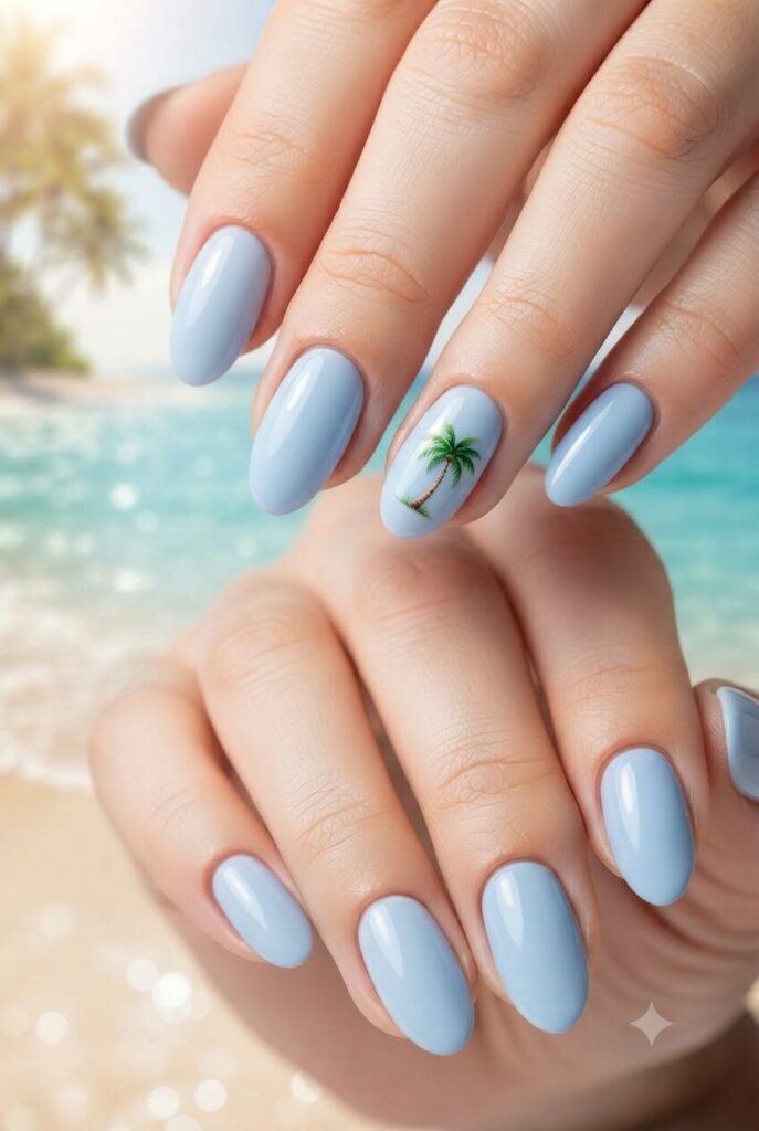 Short almond nails with blue base and tiny green palm tree accents