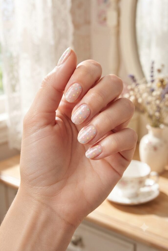 Short oval nails with nude base and tiny pastel multicolor polka dots