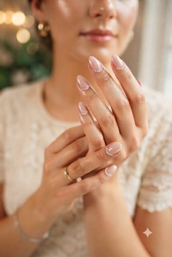 Short almond nails with nude base and tiny pearl cuticle accents