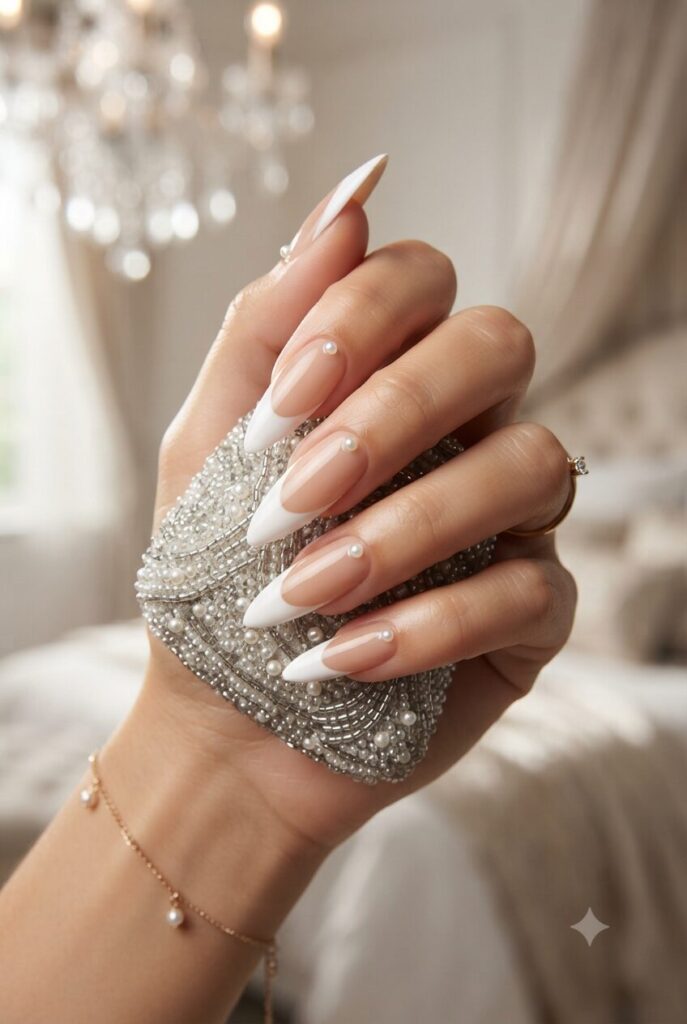 Long stiletto nails with white French tips and tiny pearl accents