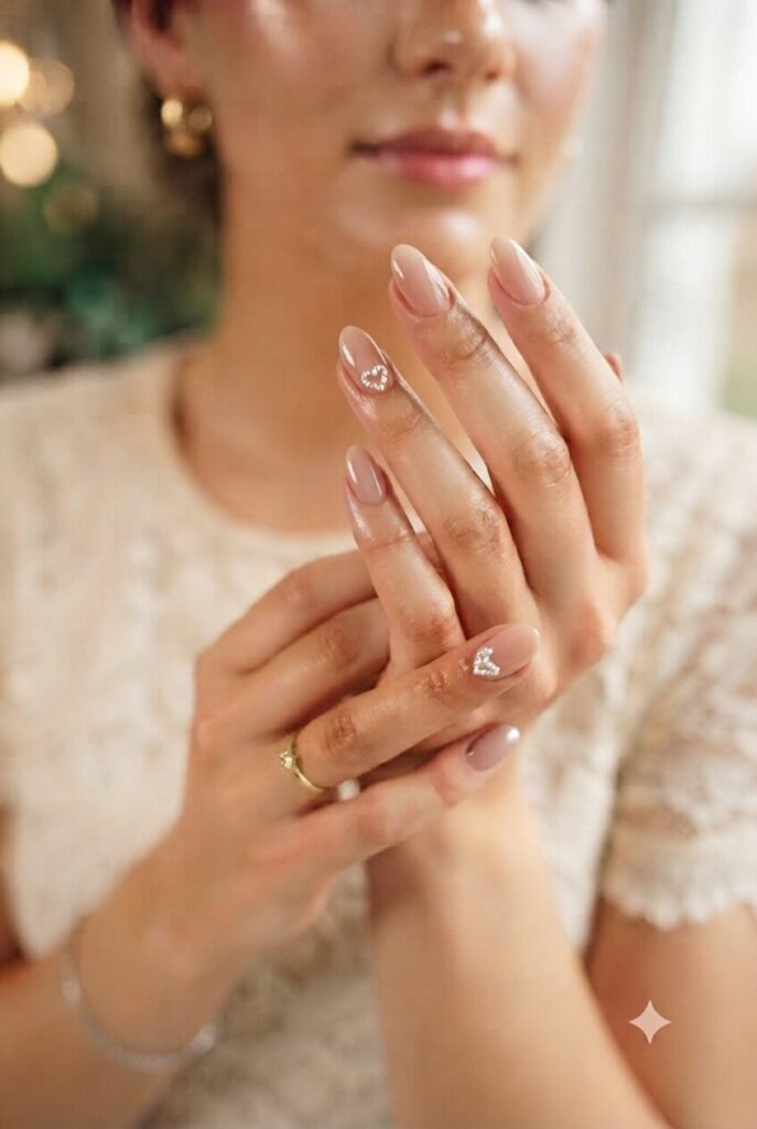 Short almond nails with nude base and tiny pearl heart accents