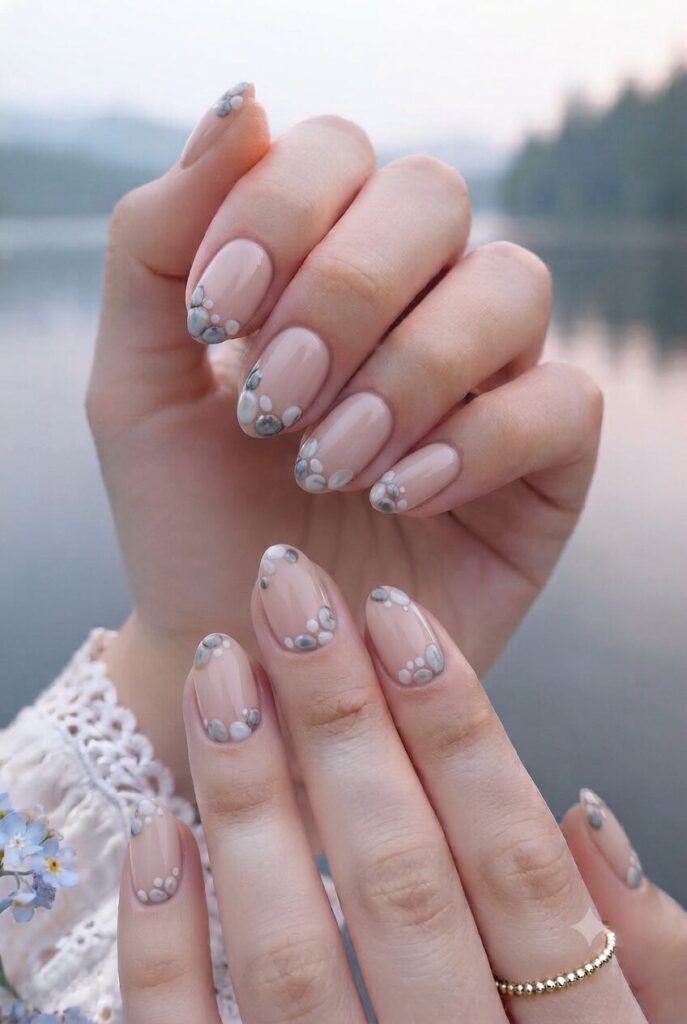 Short almond nails with nude base and tiny gray pebble accents