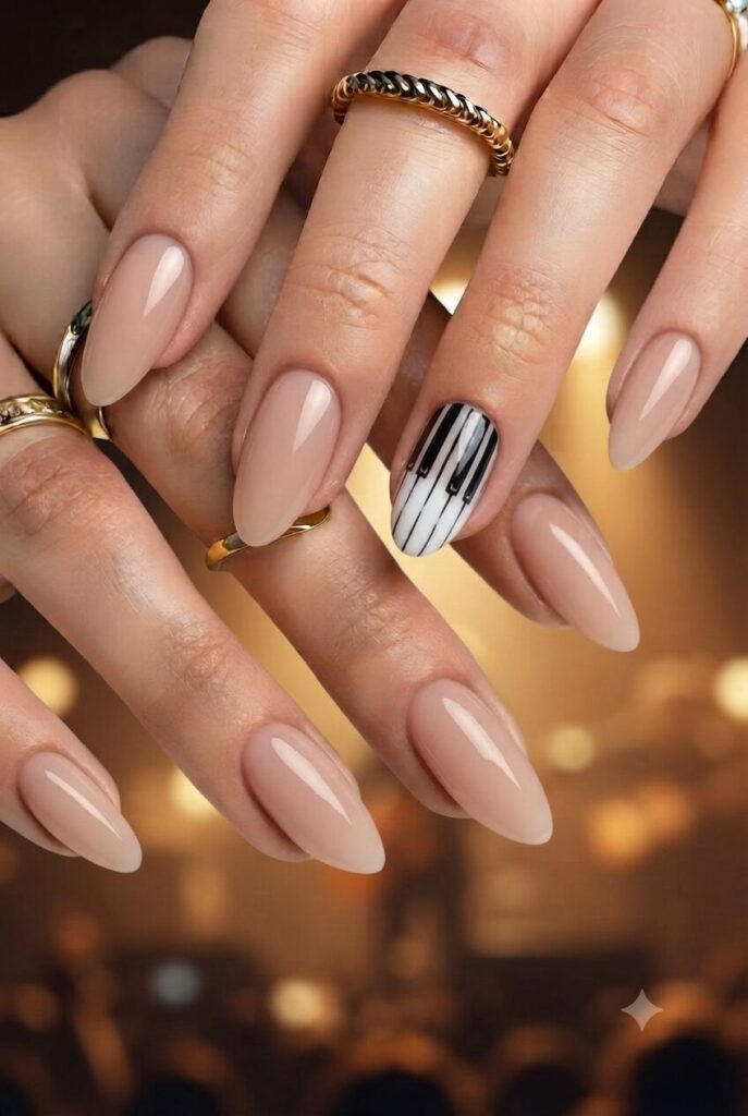 Short almond nails with nude base and tiny piano key accents