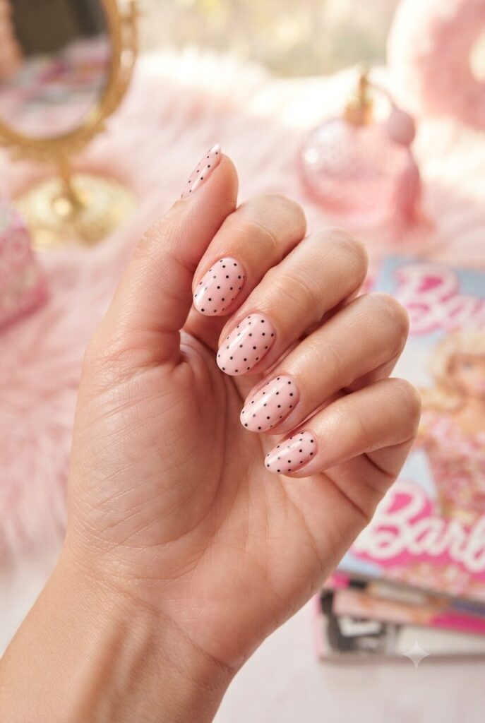Short almond nails with soft pink base and tiny black polka dots