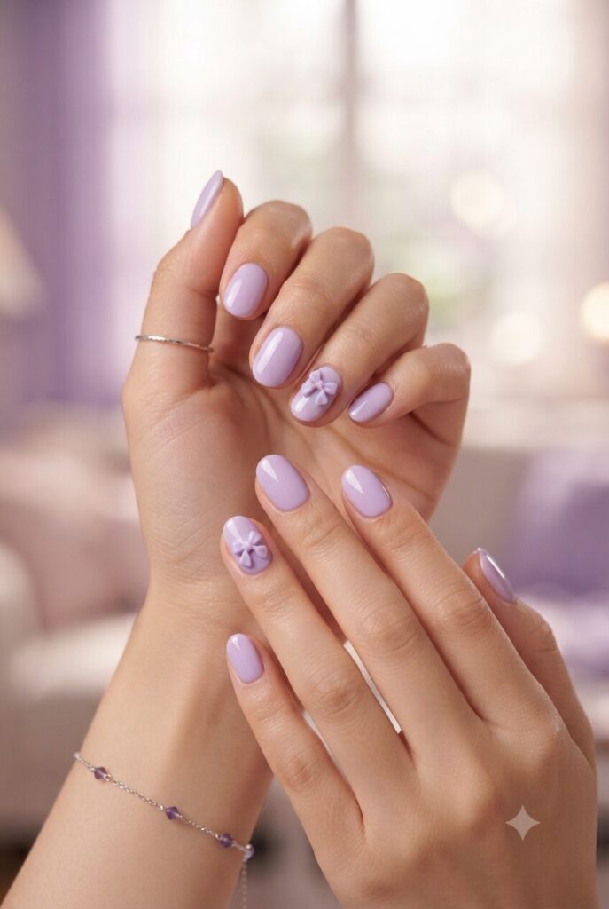 Short oval nails with lavender base and tiny purple bow accents