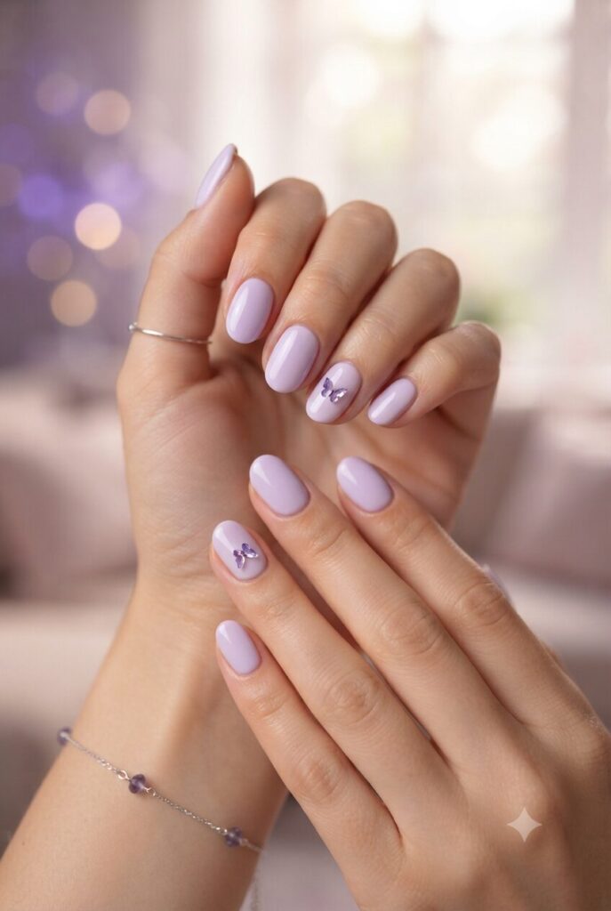 Short almond nails with lavender base and tiny purple butterfly accents