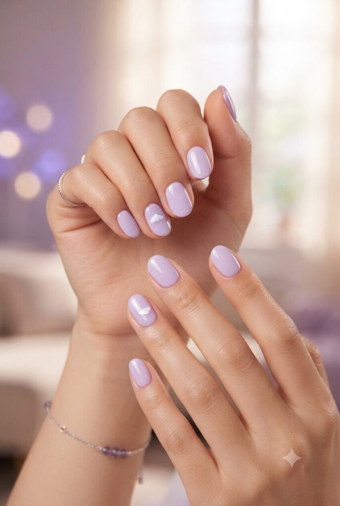 Short oval nails with lavender base and tiny white cloud accents