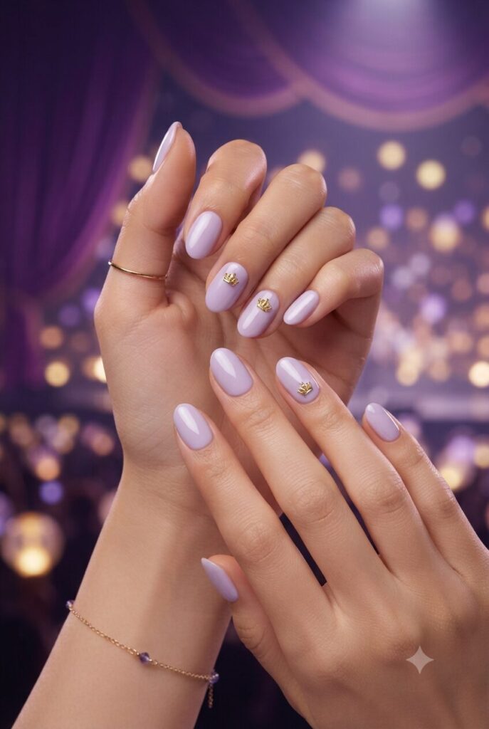 Short almond nails with lavender base and tiny gold crown accents