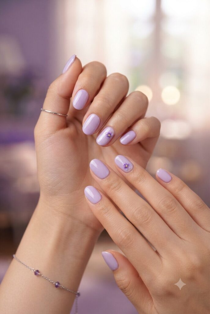Short oval nails with lavender base and tiny purple flower accents