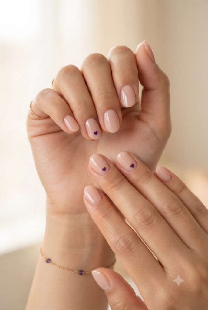 Short oval nails with nude base and tiny purple heart accents