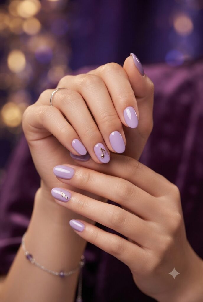 Short almond nails with purple base and tiny gold music note accent