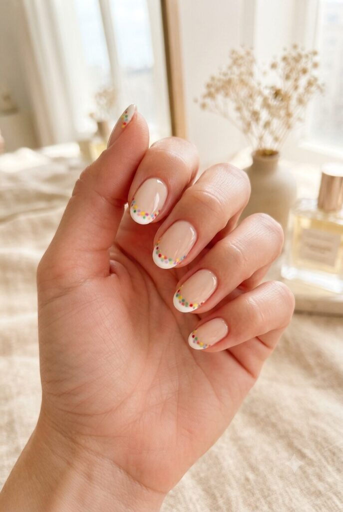 Short almond nails with white French tips and rainbow polka dots