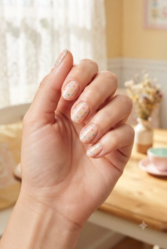 Short almond nails with nude base and tiny rainbow polka dots