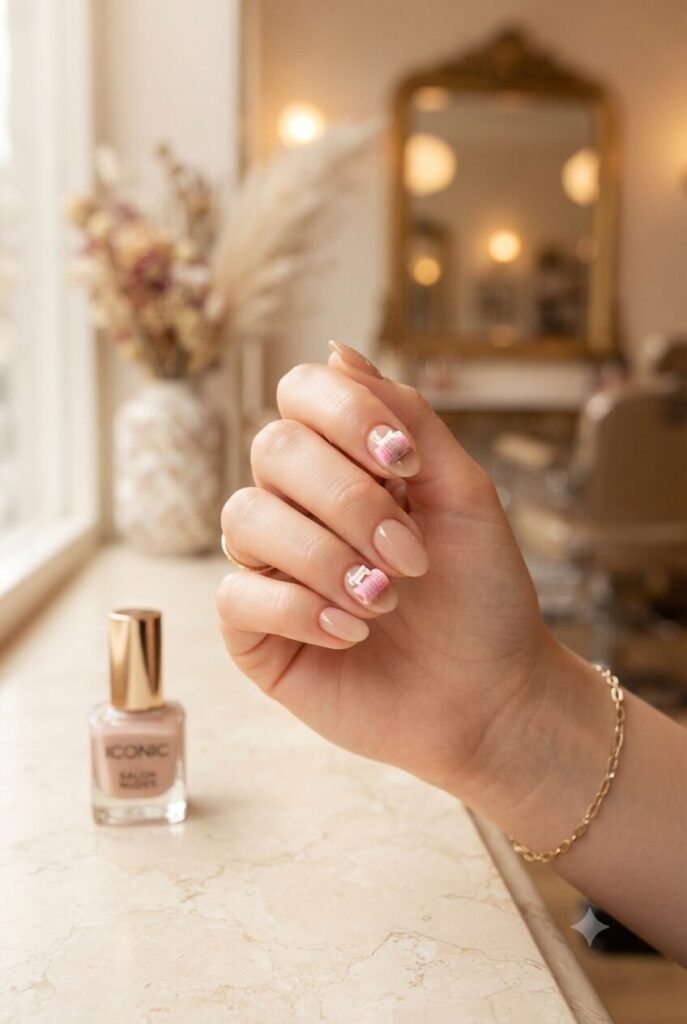 Short almond nails with nude base and tiny pink hair roller accents