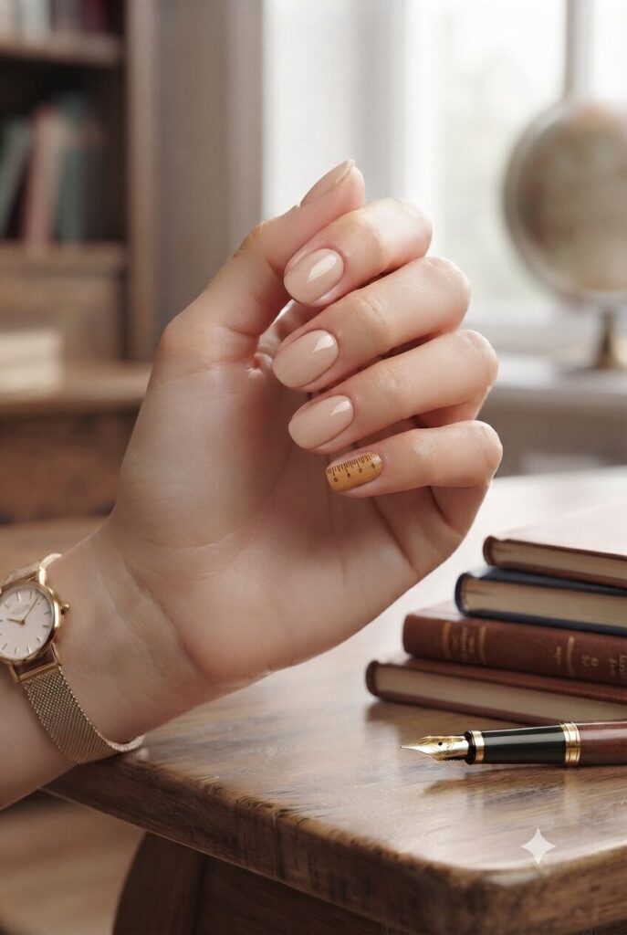 Short almond nails with nude base and tiny wooden ruler accent