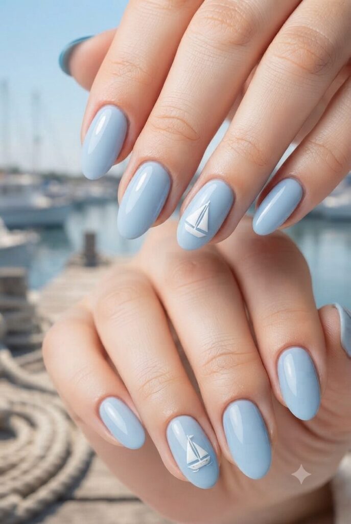 Short almond nails with blue base and tiny white sailboat accents