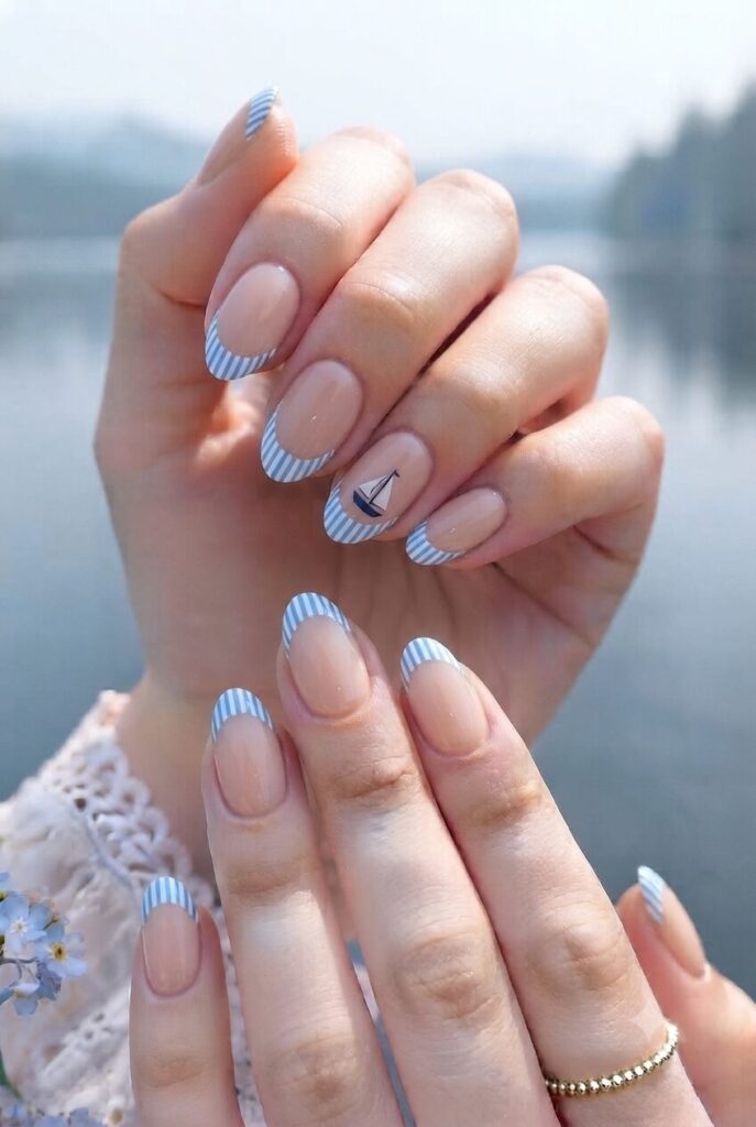 Short almond nails with blue white stripe tips and tiny sailboat accent