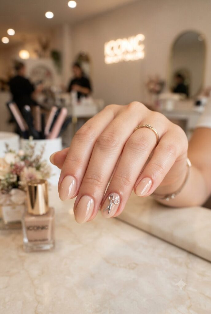 Short almond nails with nude base and tiny silver scissors accent