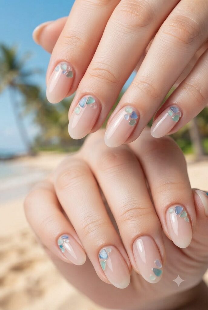 Short almond nails with nude base and tiny sea glass accents