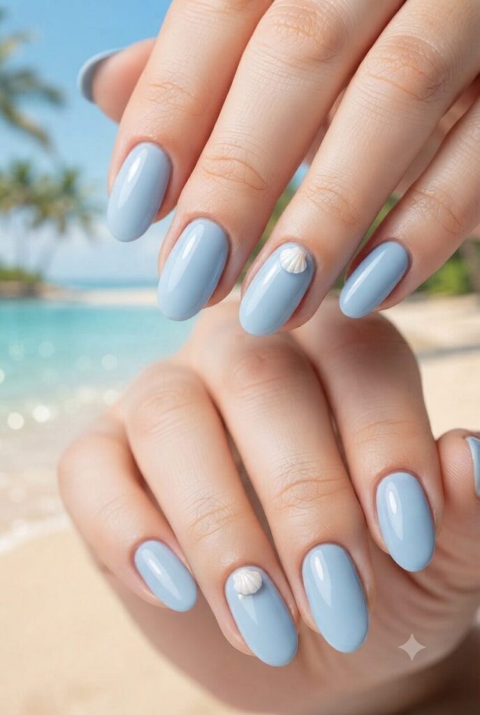Short oval nails with blue base and tiny white shell accents