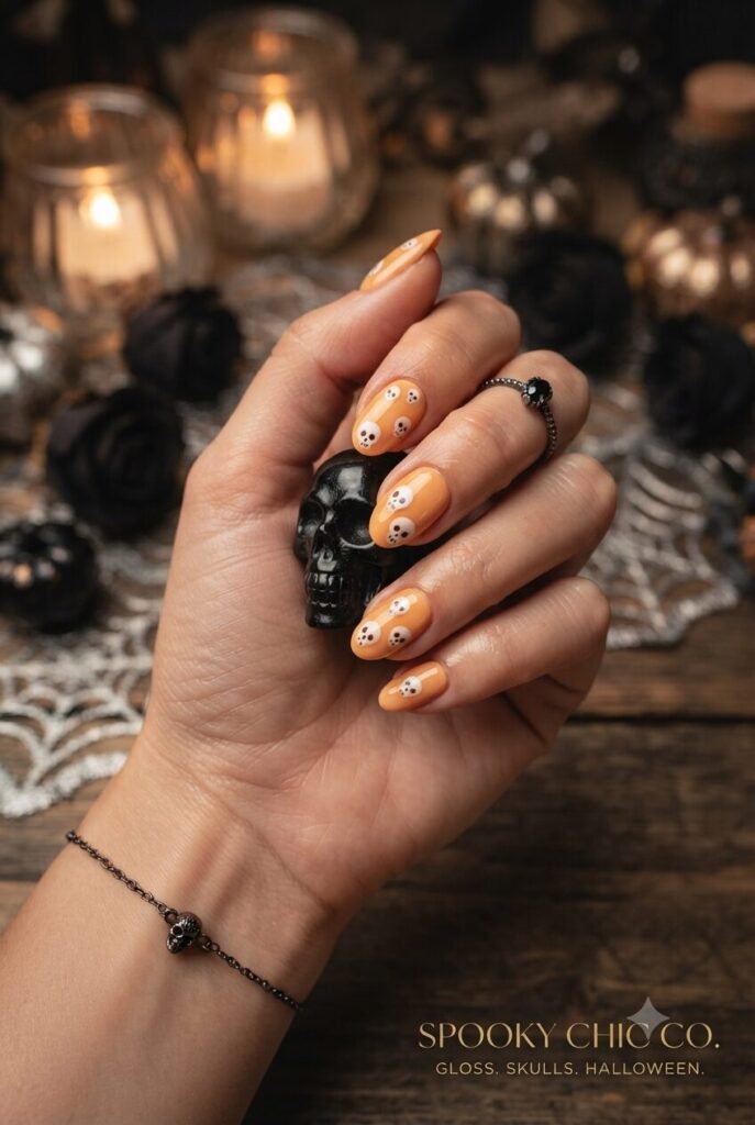 Short almond nails with soft orange base and tiny white skull accents