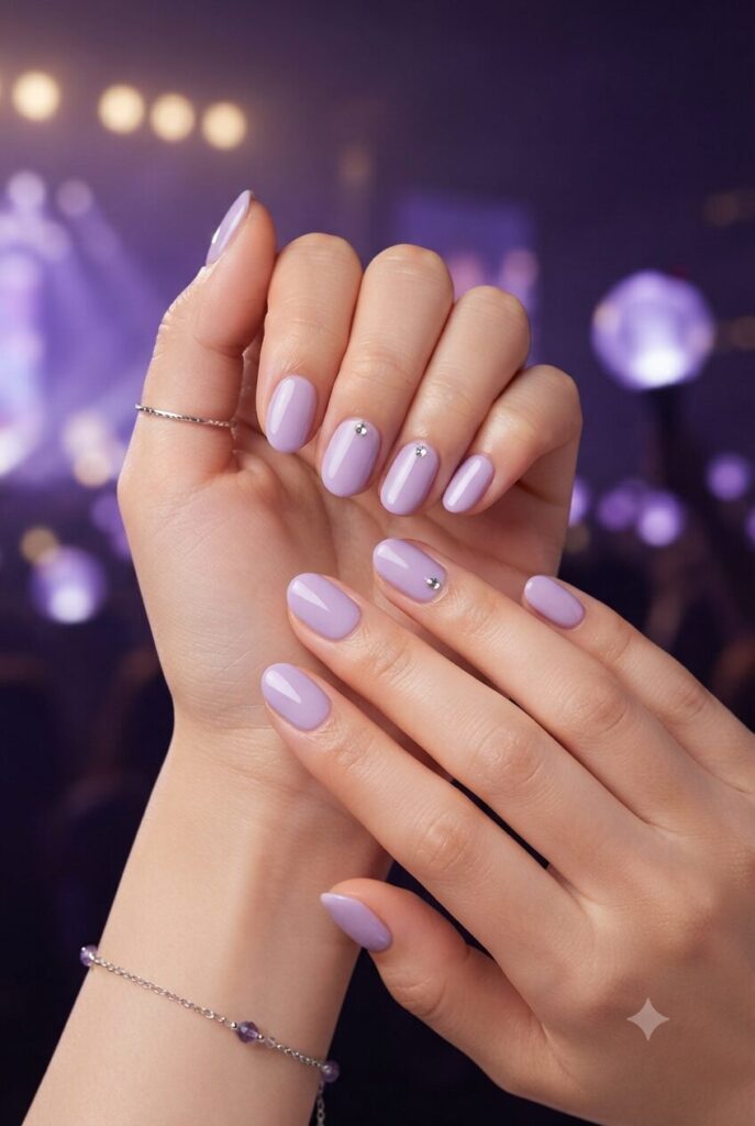 Short almond nails with purple base and tiny silver sparkle accents