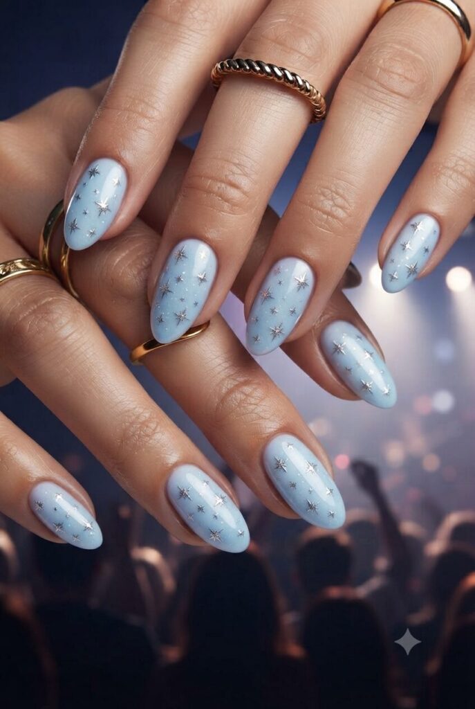 Short almond nails with blue base and tiny silver sparkle star accents