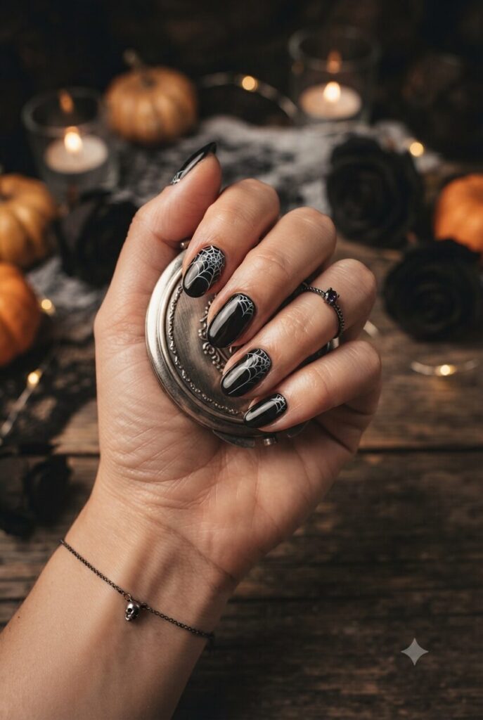 Short almond nails with black base and tiny white spider web accents