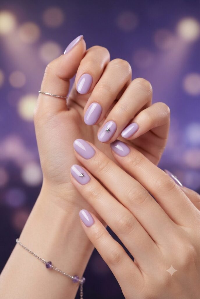 Short almond nails with purple base and tiny silver star accents