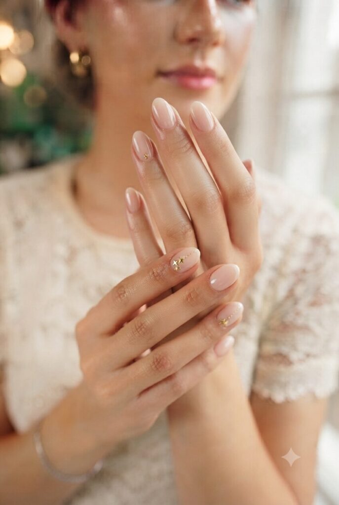 Short almond nails with nude base and tiny gold star accents