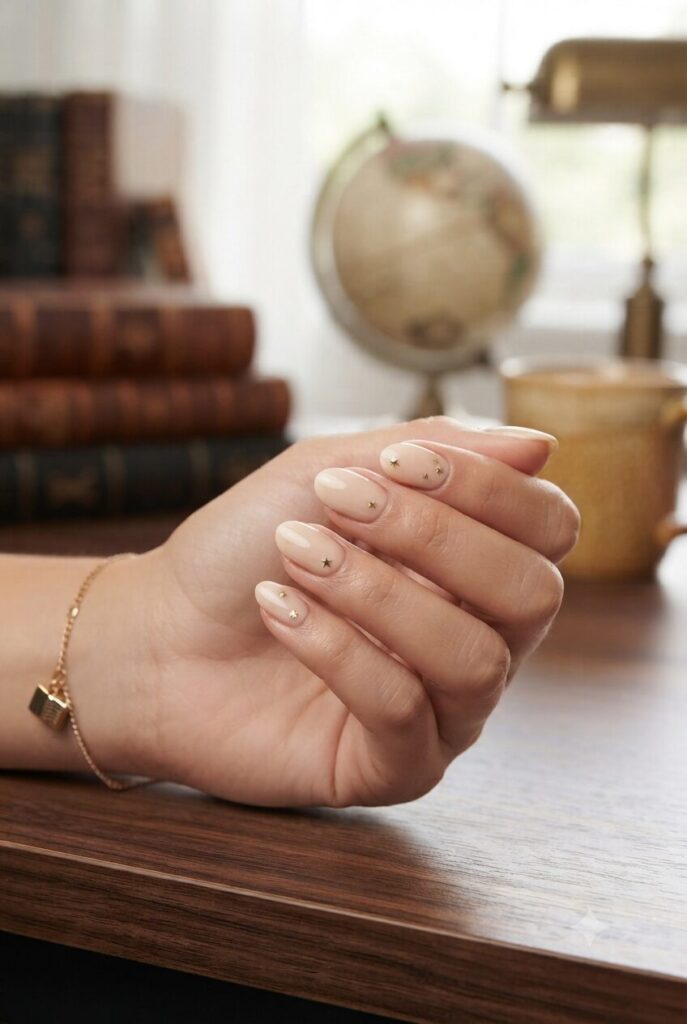 Short almond nails with nude base and tiny gold star accents