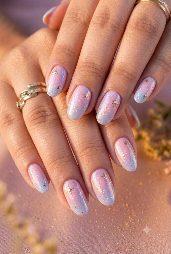 Short round nails with soft pastel base and tiny star burst accents