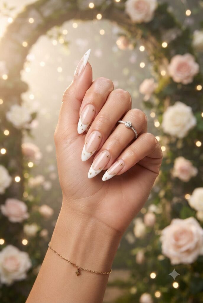 Long stiletto nails with white French tips and tiny gold star accents