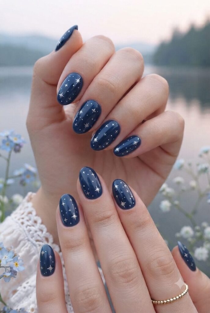 Short almond nails with navy base and tiny silver star accents