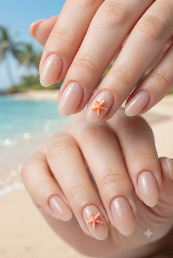 Short almond nails with nude base and tiny starfish accents