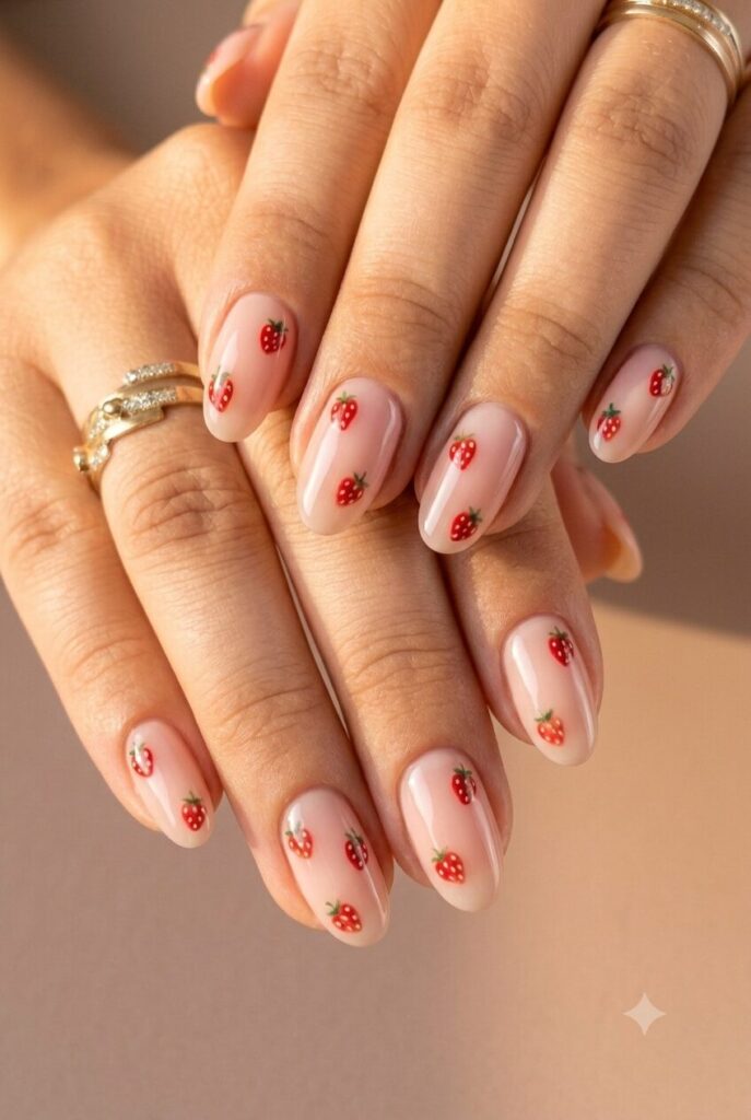 Short oval nails with soft pink base and tiny strawberry accents