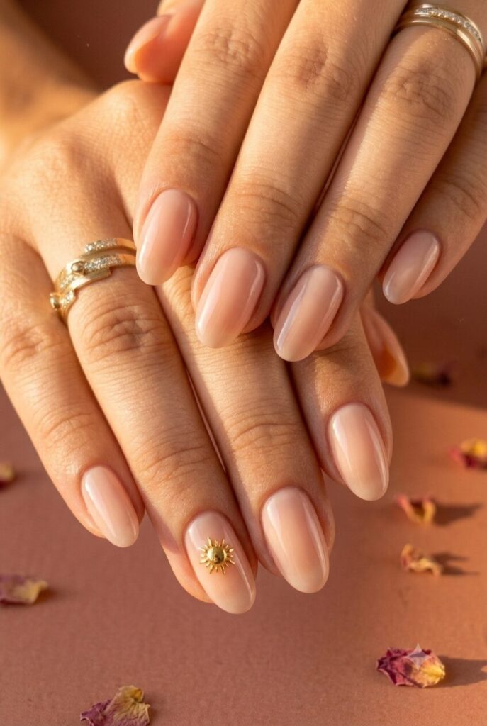 Short oval nails with nude base and golden sun ring finger accent