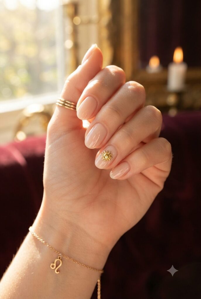 Short almond nails with nude base and tiny golden sun accent