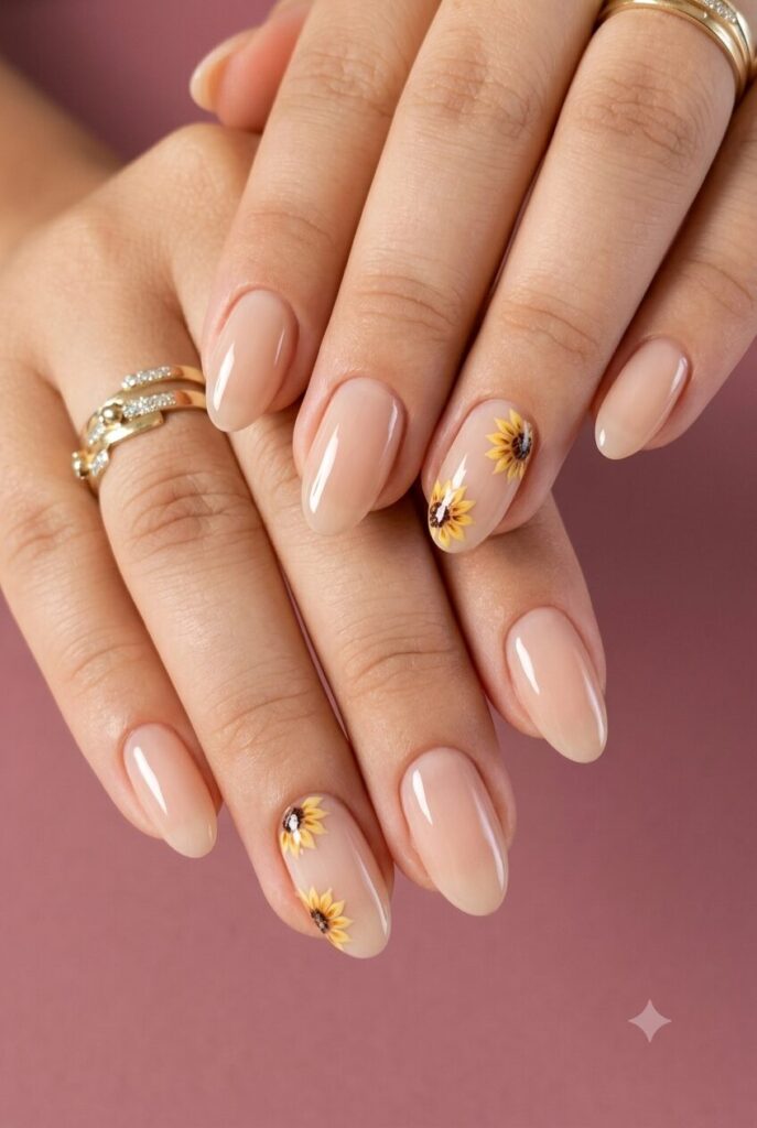 Short almond nails with nude base and tiny sunflower accents