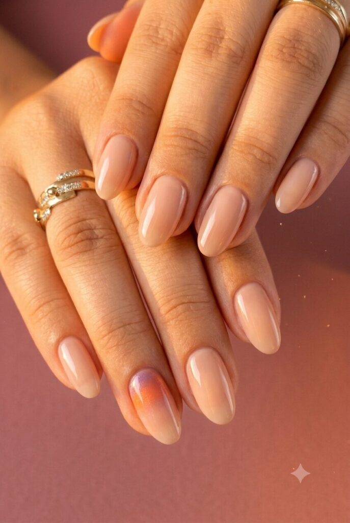 Short almond nails with nude base and tiny sunset accent art