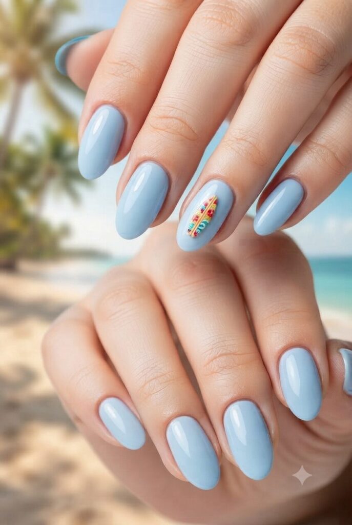 Short almond nails with blue base and tiny surfboard accent